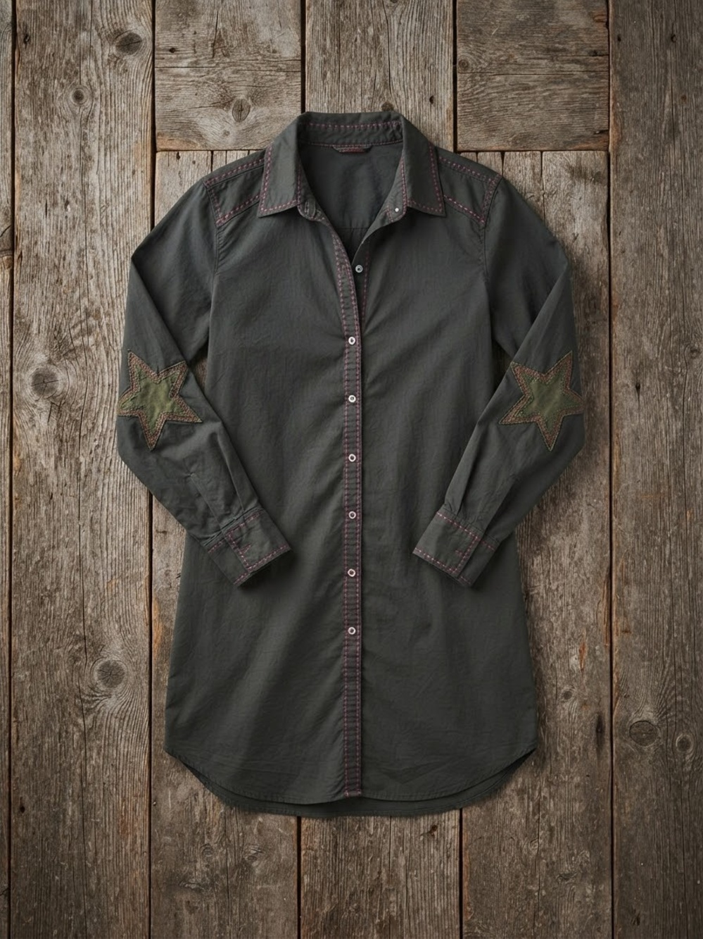 NATURAL LIFE Black Long-Sleeve Button-Down Shirtdress with Star Elbows L/XL